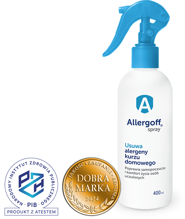 Allergoff® spray - zdjęcie produktu wraz Logiem PZH oraz DOBRA MARKA 2024